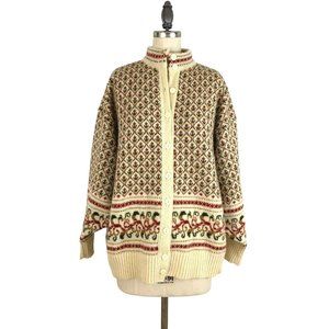 Compliments Vintage Pure New Wool Cardigan Sweater Fassett Fair Isle Tulips XL
